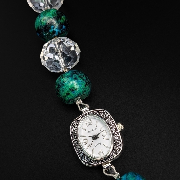 Watch Bracelet with Faceted Glass Crystals and Large Blue Beads - Picture 4 of 8